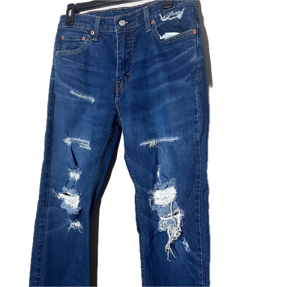 Levis 511 Slim Fit Distressed Jeans Mens 32x32 Dark Wash Blue Ripped Denim - Picture 2 of 5
